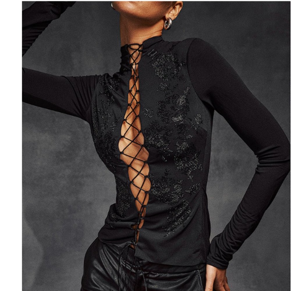 HOUSE OF CB 'Lori' Black Crystallised Lace Up Top NWOT